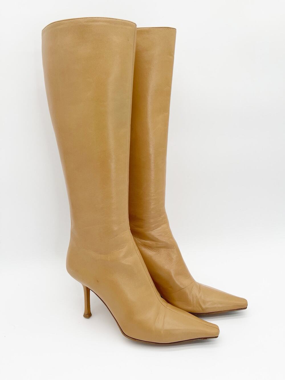 Jimmy Choo Vintage y2k Peony Camel Tan Leather Knee High Heeled Boots IT 40